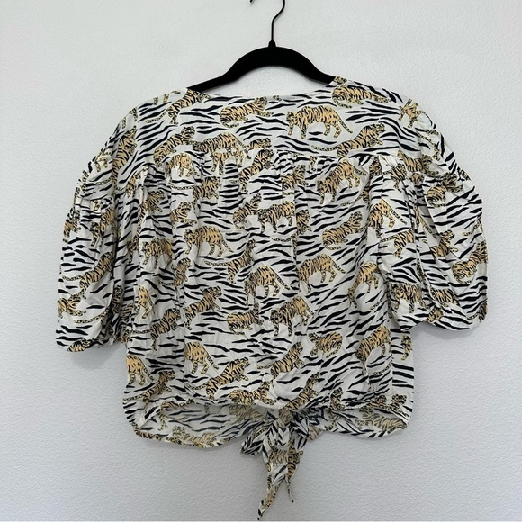 Topshop tiger puff sleeve button front tie waist blouse women’s size 8 - Picture 4 of 4